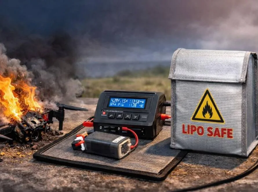 Batterie LiPo de drone en feu lors de la charge, illustrant les risques d’incendie et les mesures de sécurité